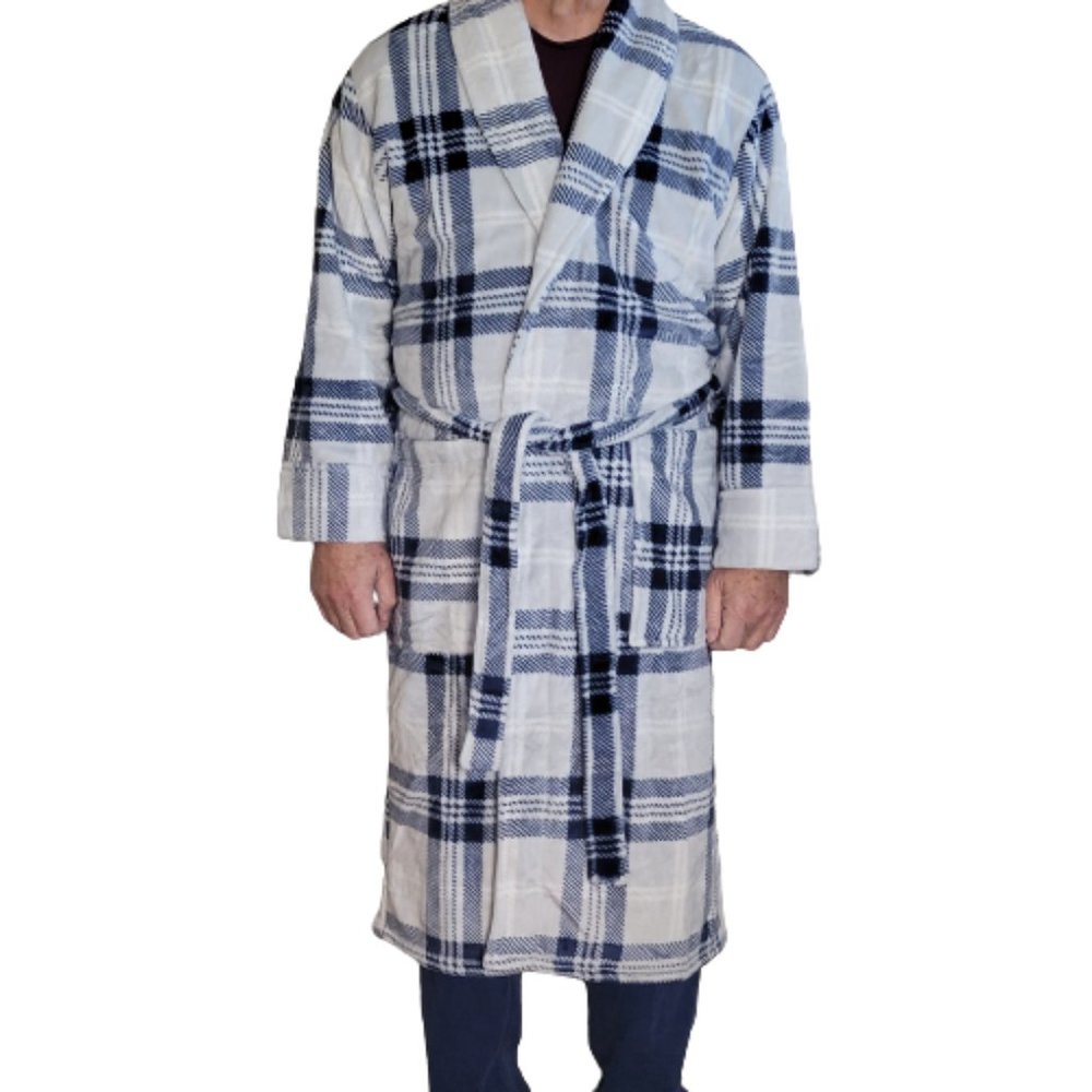 'New' daniel buchler Plush Mens Robe Patterned Striped Wht/Blue Pockets Size M/L